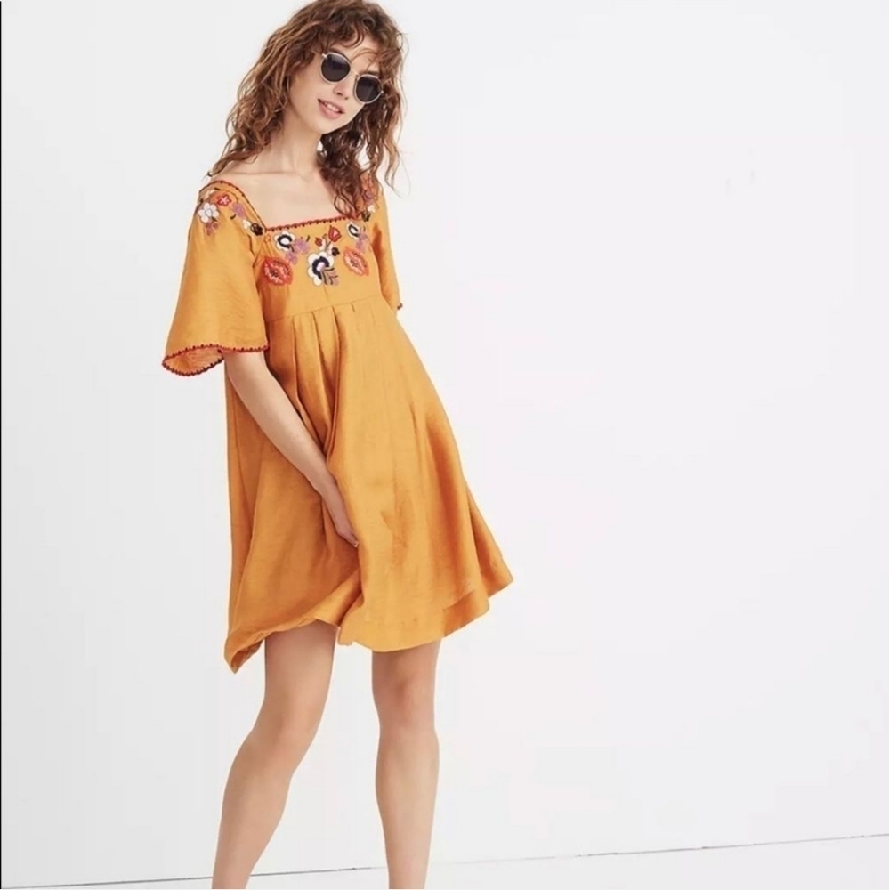 💜 Madewell Embroidered Floral Mustard Dress j5890